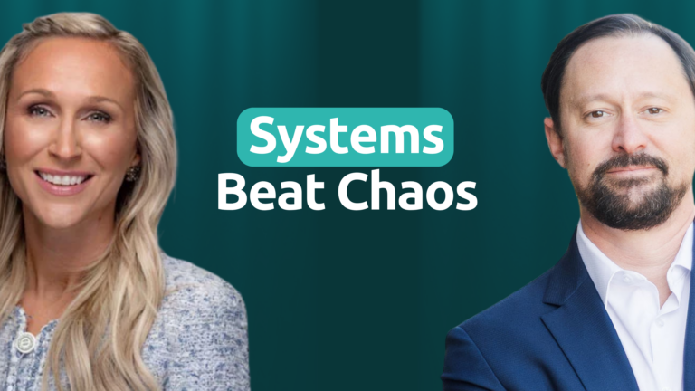 Business professionals with text Systems Beat Chaos on teal background.