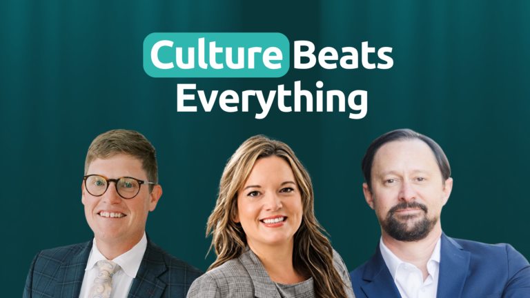 Three professionals against a 'Culture Beats Everything' backdrop, emphasizing company values.