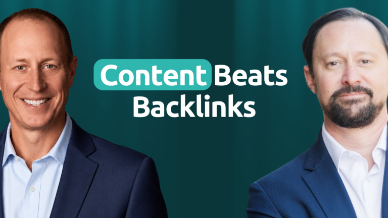 Two businessmen in suits beside Content Beats Backlinks text on a teal background.