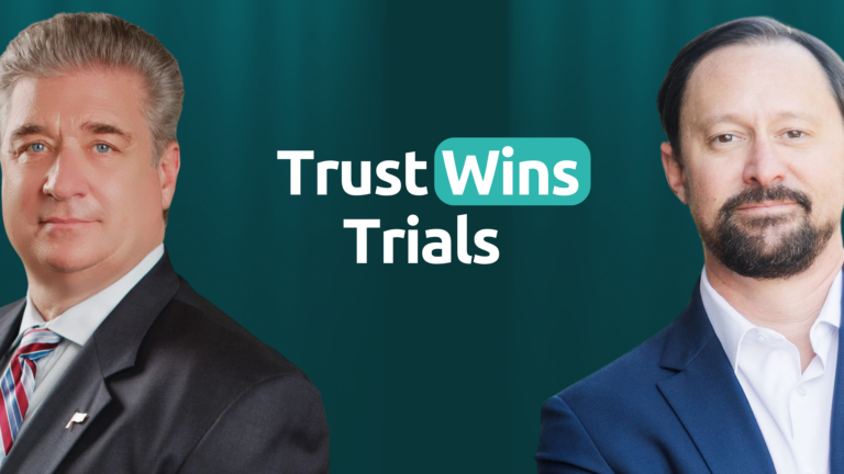 Two men in suits beside the text Trust Wins Trials on a dark background, exuding professionalism and trust.